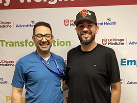 Dr. Jihad Kudsi with a bariatric surgery patient celebrating a weight loss milestone at UChicago AdventHealth's Bariatric and Obesity Medicine Clinic in LaGrange